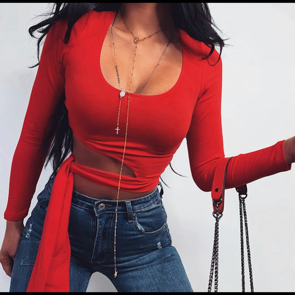 Sexy low cut hollow out solid red crop top! Nwot - Picture 2 of 8